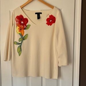 Liz Claiborne Cream Knit Top with Floral Appliqués 1X